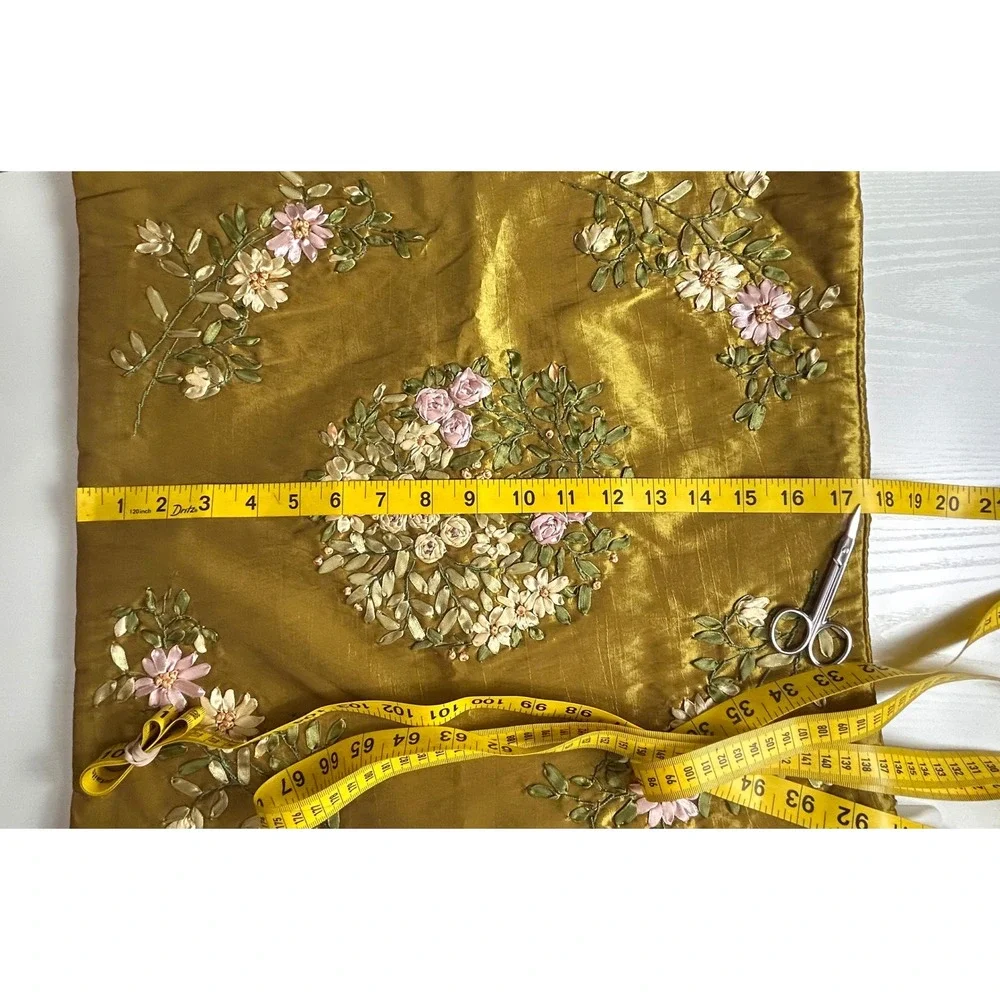 Huayu Set of 2 Gold Ribbon Embroidery Floral Pillow Covers 17.5x17.5 LH04-555